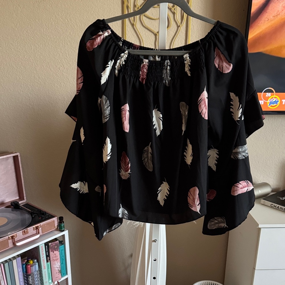 Black Feather Print Off the Shoulder Women's Top